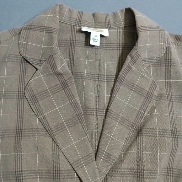Talbots Women 14 Brown Plaid 100% Cotton V Neck Blazer Office Business - Picture 5 of 12
